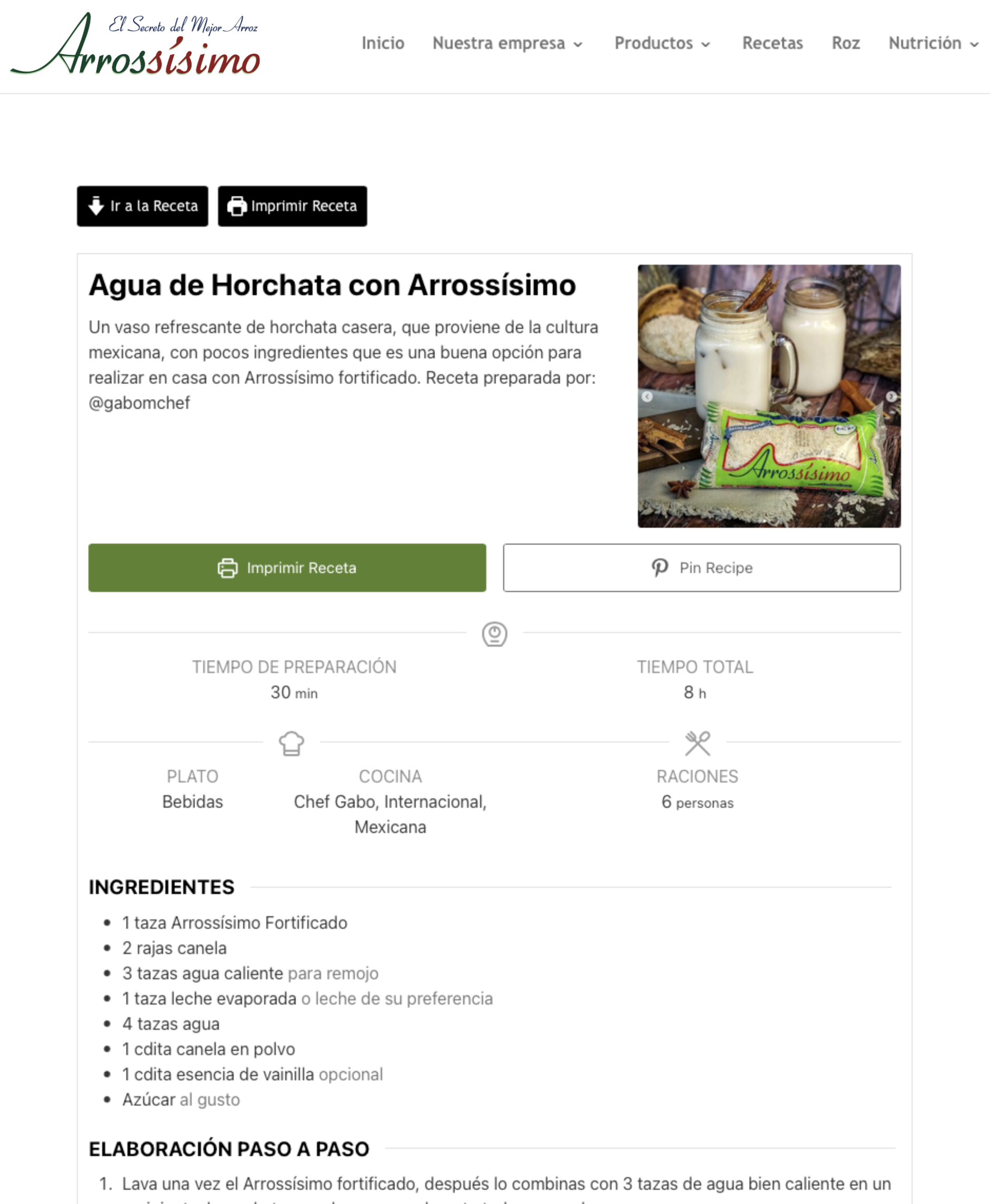 Structured recipe page with print and save actions
